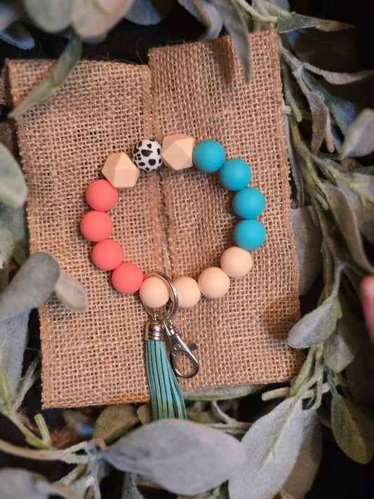 Blue and Coral Beaded Wristlet